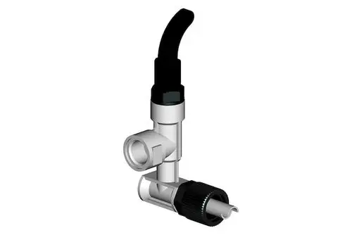Schnellschlussventil von Roth, L-Adapter mit 90-Grad-Anschluss. Das Produkt zeigt eine Metallkonstruktion mit einem flexiblen Schlauchanschluss.